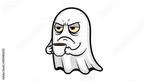 Grumpy white ghost with an annoyed expression holds a white mug filled with dark hot coffee on a plain white background.