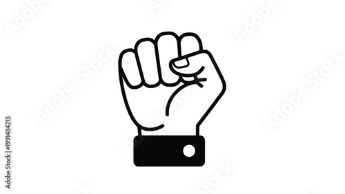 Powerful line art illustration of a raised clenched fist with a black cuff isolated on a clean white background.