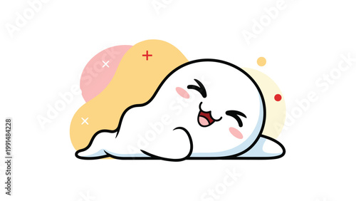 Cute little white ghost lies comfortably on its side with a happy smiling face against a soft pastel color background.