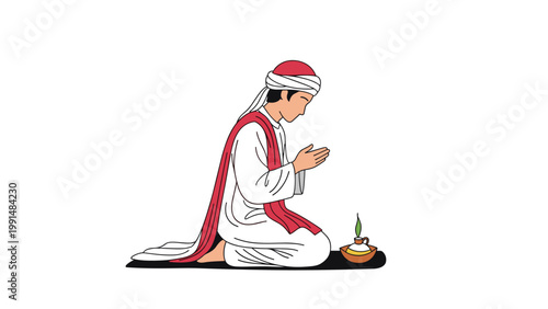 Man wearing traditional white and red robes kneels in prayer beside a small burning bowl on a plain white background.