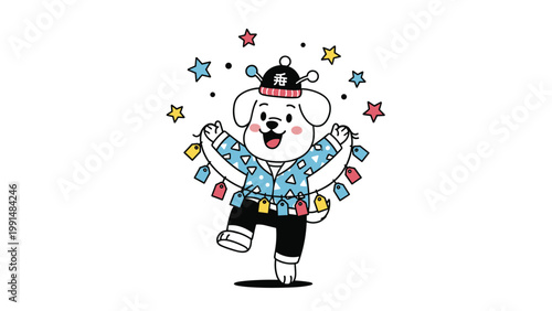 Joyful white dog character wears a blue patterned shirt and holds a colorful garland of tags surrounded by bright stars.