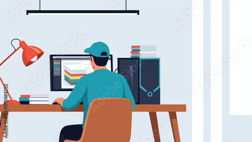 Professional graphic designer works at a desk with two computer monitors and a variety of design tools and books.