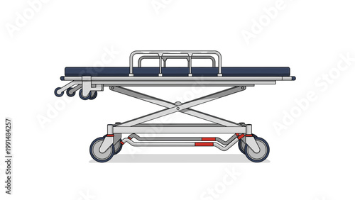 Side view of a mobile hospital gurney or medical stretcher with wheels and metal railings on a clean white background.