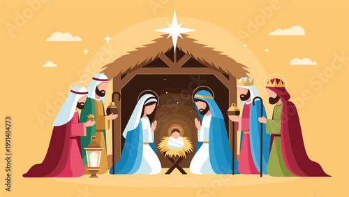 Detailed illustration of the nativity scene shows Mary, Joseph, and baby Jesus with the three magi bearing gifts.