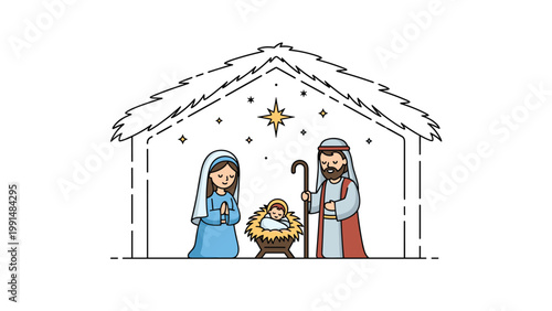 Nativity scene features mary and joseph watching over baby jesus in the manger under a bright star inside a humble stable shelter.