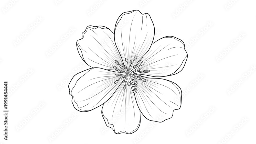 Obraz premium Detailed line drawing of a single cherry blossom flower showcases delicate petals and intricate stamen in a clean botanical illustration style.