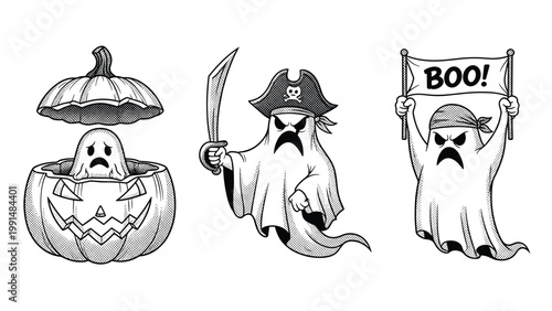 Collection of three spooky ghost characters includes one in a pumpkin, a pirate ghost with a sword, and one holding a boo banner.