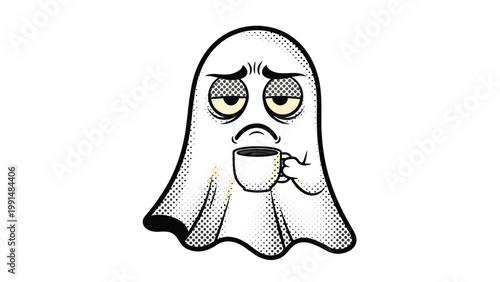 Funny ghost character with tired eyes and a sad expression holds a cup of hot coffee to help wake up after a long night.