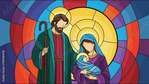 Stylized stained glass illustration features the holy family with Joseph Mary and baby Jesus against a colorful geometric background of light.