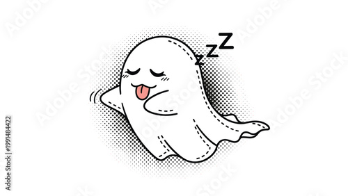 Cute ghost character with its tongue sticking out is shown sleeping peacefully with ZZZ sound effects and a halftone shadow.