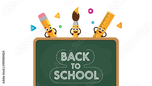 Green blackboard with the text back to school is decorated with cute cartoon characters of a pencil, paintbrush, and ruler.