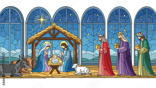 Detailed stained glass nativity scene depicts Mary Joseph and baby Jesus in a stable with the three wise men and animals under a night sky.