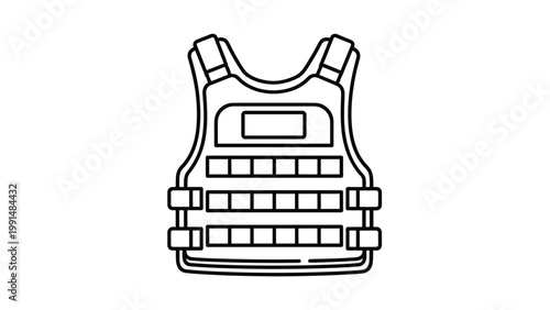 Simple line art illustration of a tactical body armor vest shows adjustable straps and modular attachment points for protective gear.