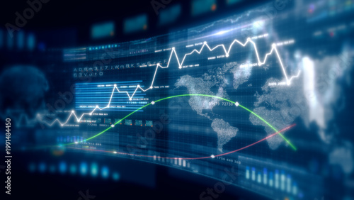 Futuristic global financial data visualization, world map and digital globe with candlestick chart, stock trading analytics, forex market dashboard, fintech infographic, big data interface