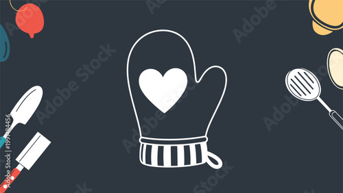 Simple white oven mitt with a heart design is centered on a dark background with colorful kitchen utensils framing the corners.