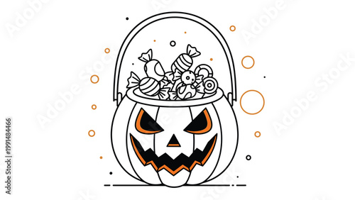Halloween themed pumpkin bucket filled with various candies and sweets is presented in a playful line art style with orange highlights.