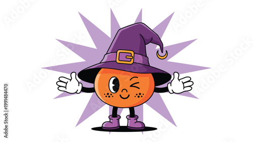 Cheerful cartoon pumpkin character wearing a purple witch hat and matching boots winks while posing against a stylized purple starburst.