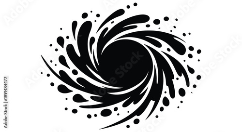 Abstract black vortex resembling a whirlpool or black hole. Swirling shapes and droplets create a dynamic, fluid motion. Represents mystery, energy, 