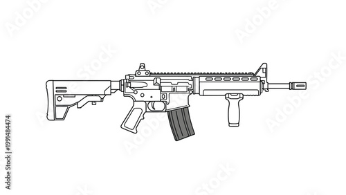 Detailed line art illustration of a modern assault rifle shows components like the stock magazine barrel and forward grip on white.