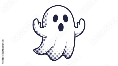 Friendly ghost character with a surprised expression and halftone shading is illustrated in a classic cartoon style for halloween.