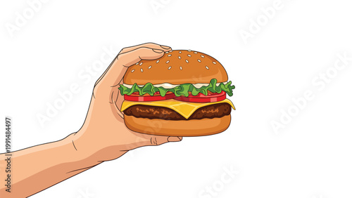 Detailed illustration of a human hand firmly holding a large cheeseburger with lettuce tomato and melted cheese on a sesame bun.