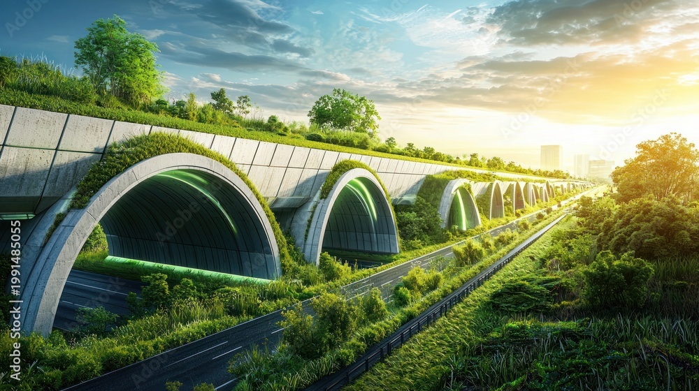 Fototapeta premium A futuristic highway tunnel is covered in lush greenery. The concrete structure features multiple arched openings, illuminated with green lights.