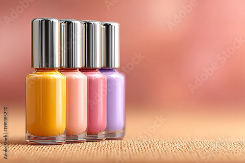 A pink glass bottle of liquid nail polish varnish is isolated on a blue background for a vibrant fashion beauty manicure and cosmetic care object