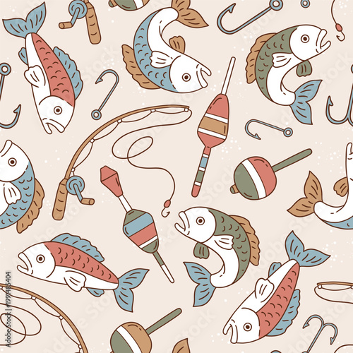 Seamless vector pattern with fish, fishing rod, lure and hook on isolated background. Hand drawn sea fishing illustration. Perfect for textile, wallpaper or print design.