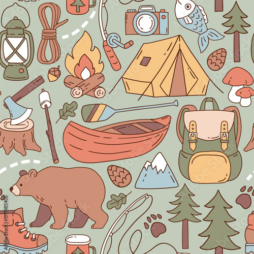 Seamless vector pattern with camping accessories on isolated background. Hand drawn hiking illustration. Perfect for textile, wallpaper or print design.