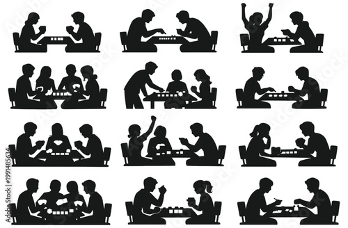Black silhouettes of people sitting at tables playing board games and card games. Group activity and social interaction concept. Tabletop gaming competitions and family fun night silhouettes.