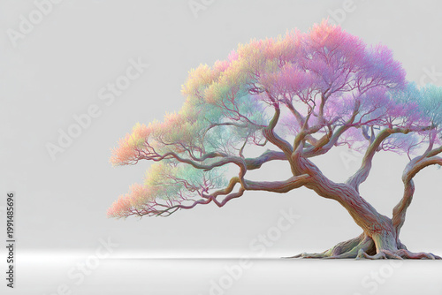 An elegant digital painting of a wide, sprawling tree featuring pastel rainbow leaves and winding branches against a minimal background.