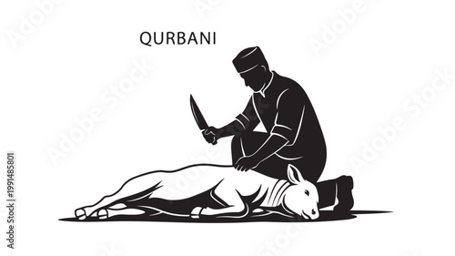 Qurbani sacrifice butcher preparing animal for Eid al Adha silhouette