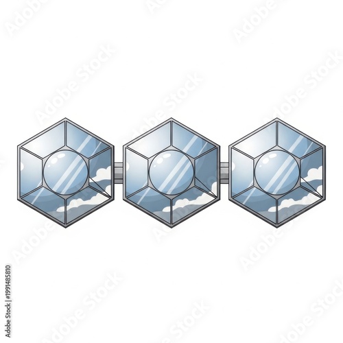 Three Hexagonal Glass Orbs Linked by Bar