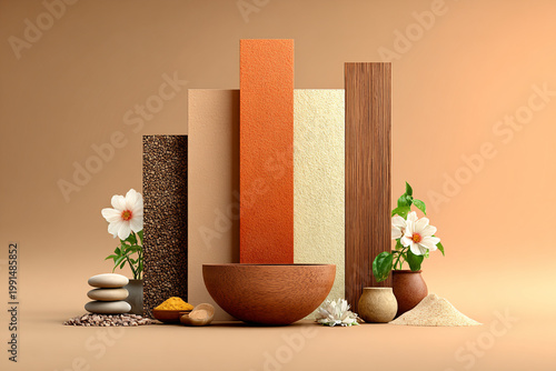 A minimalist aesthetic mockup with wooden bowls, balanced zen stones, white flowers, and textured vertical panels in soft earthy tones.