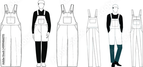 Utility overalls and bib pants designs, workwear dungaree styles with straps and pockets, detailed apparel sketch lineup – vector illustration