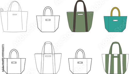 Tote bag collection set, multiple styles with front views, casual fashion accessories outline, minimalist handbag template design – vector illustration