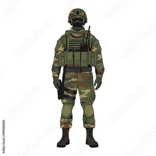 Camouflage Military Soldier Standing Full Body Front View Illustration