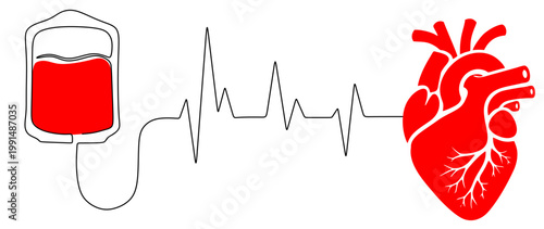 A line drawing that forms a flowing and connected heartbeat pattern forms a blood bag on the left and a heart on the right. Vector image for World Blood Donor Day
