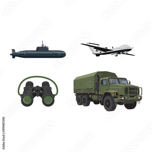 Military equipment collection drone, truck, binoculars and submarine