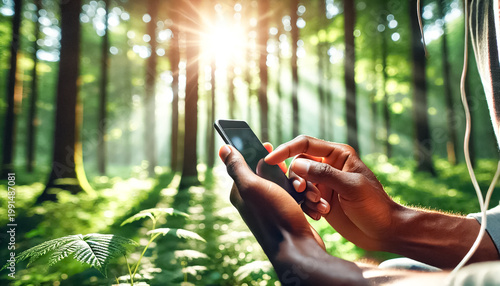 Hands Holding Smartphone in Bright, Sunlit Forest Close-Up