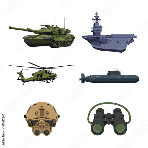 Collection of Military Equipment Tanks, Aircraft, Ships, and Optics