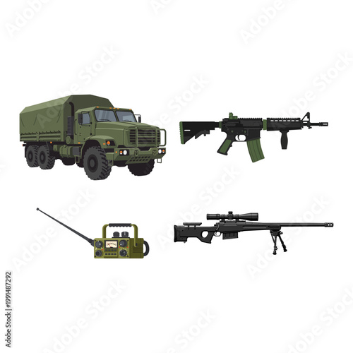 Military truck, radio, and sniper rifle illustrations for defense and combat themes