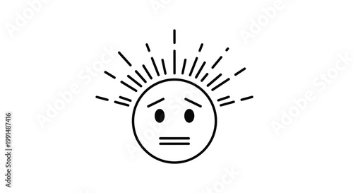 Sweaty face, hot emotion, line art icon, black vector