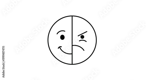 Split face emoticon, contrasting emotions, dual mood icon, black line art