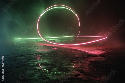 Abstract Neon Light Circle and Line Over Reflective Surface.