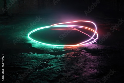 Abstract Neon Light Trails Forming an Oval Shape in Darkness.