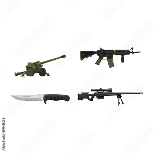 Collection of military weapons including artillery, sniper rifle, and combat knife