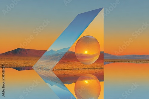 Surreal Reflection of a Sphere and Prism at Sunset Over Water.