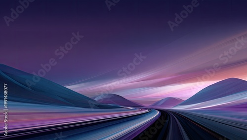 Abstract Futuristic Highway Landscape with Light Trails at Dusk.