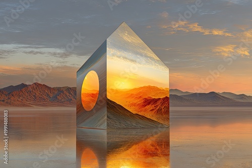 Abstract House Reflecting a Vibrant Sunset Over Mountains and Water.